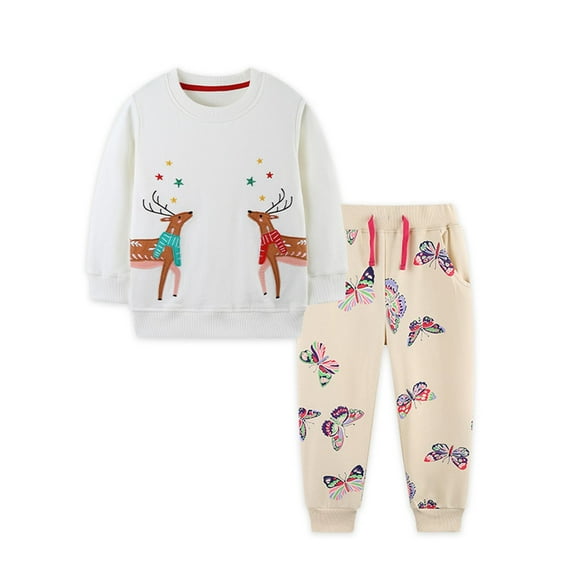 IVEYRTF Boys Girls 2 PC Set Christmas Elk Print Hoodless Sweatshirt and Pants Set Long Sleeve Fleece Lined Casual Fall Winter Activewear Outfit for Kids(White,5 Years)