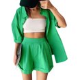 thumbnail image 1 of KOMOO 2Pcs Female Tracksuit Solid Color Lapel Button Long Sleeve Shirt  Short Pants Suit Set, 1 of 4