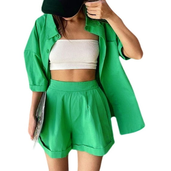 KOMOO 2Pcs Female Tracksuit Solid Color Lapel Button Long Sleeve Shirt Short Pants Suit Set