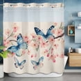 thumbnail image 6 of Butterfly Floral No Hooks Shower Curtain with Snap-in Liner Watercolor Pink Blue Flower Butterflies Green Leaf Linen Texture Shower Curtains for Bathroom, Waterproof, Easy Install, Washable 72"x72", 6 of 9