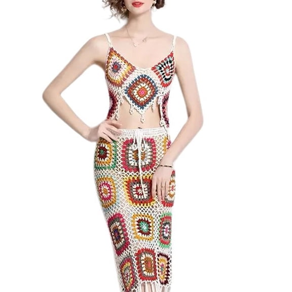 Yokua Women Beach Crochet Knit Cami Crop Top and Drawstring Waist Tassels Skirt Set