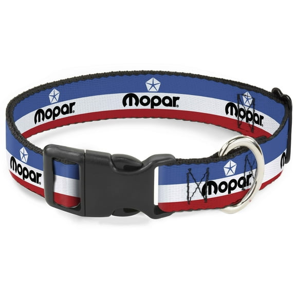 Mopar Pet Collar, Dog Collar Plastic Buckle, Chrysler Mopar Logo Repeat Stripe Blue White Red, 7 to 8.5 Inches 0.5 Inch Wide