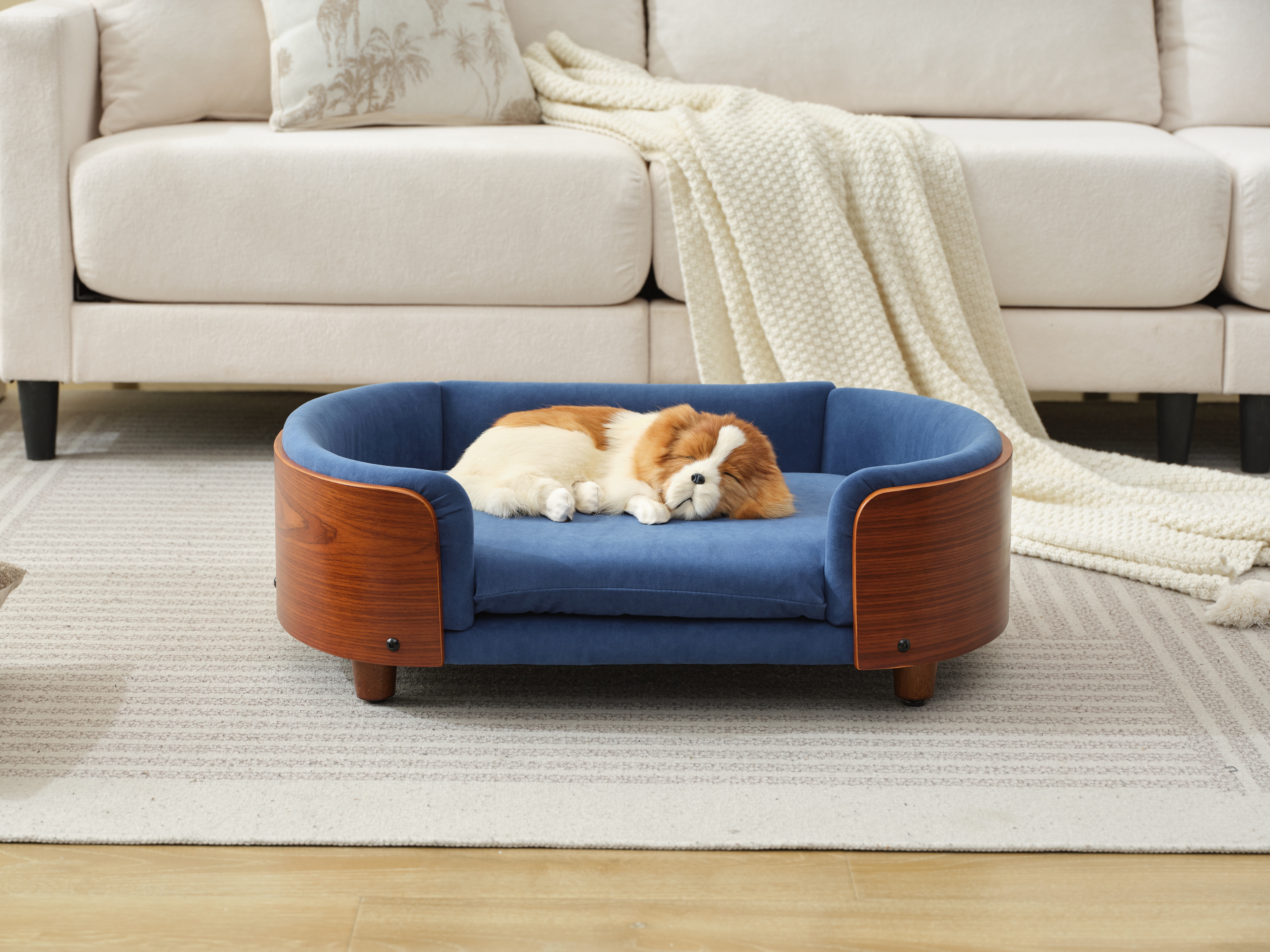 Elevated Dog Bed Pet Sofa, Small Size with Solid Wood Legs & Walnut Bent Wood Back, Velvet Dark Blue Orthopedic Pet Couch