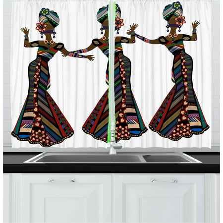 African Woman Curtains 2 Panels Set, Young Women in Stylish Native Costumes Carnival Festival Theme Dance Moves, Window Drapes for Living Room Bedroom, 55W X 39L Inches, Multicolor, by Ambesonne