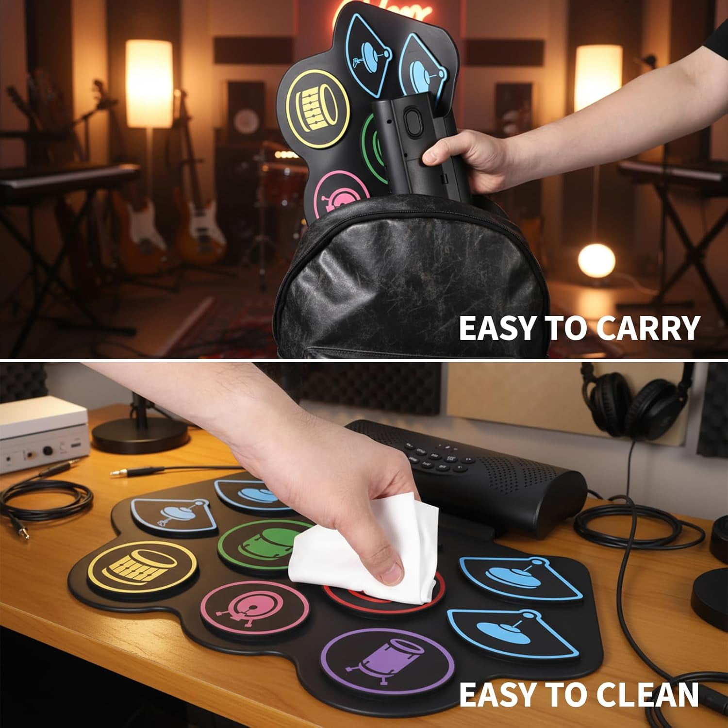 Electronic Drum Set, 9-Drum Roll-Up Practice Pad Kit with Built-In Speakers, Drum Pedals, Sticks, Bluetooth & MIDI, Portable Electric Drum Machine for Beginners