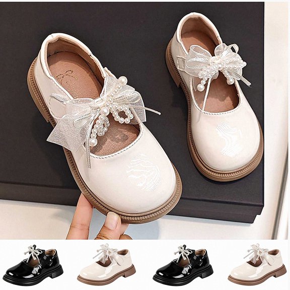 Viluyesy Girls Dress Mary Janes Kids Party Wedding Walking Patent Leather Bow Pearl Strap Comfort School Flats Beige Size 9 Toddler