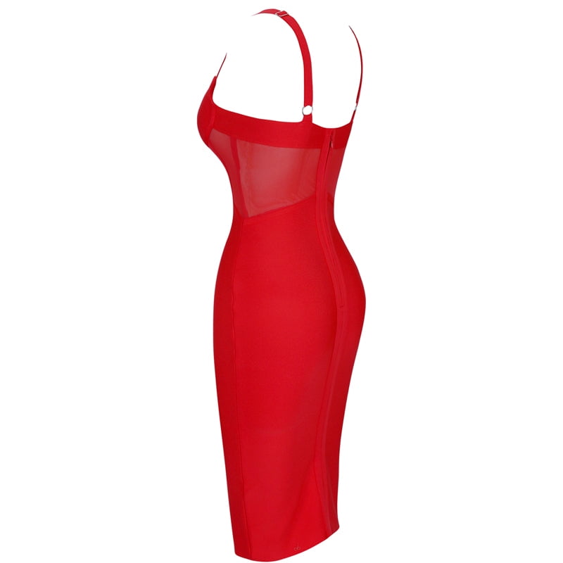 Women's V-Neck Meshed Upper Elegant Celebrity Style Wide Strap Thick Red Bandage  Dress L - Walmart.com