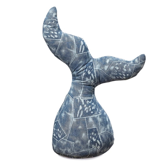 Whale Tail Door Stopper, Nautical Blue Denim Patch Print, Polyester, Sand Filling, 11 1/2 Inches Tall, Approx. 3 Pounds
