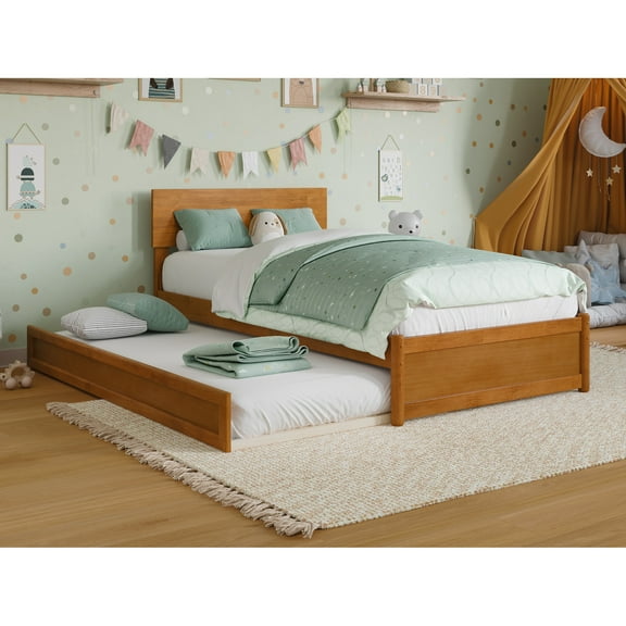 Wesley Twin Wood Platform Bed w/ Panel Footboard & Twin Trundle in Light Toffee