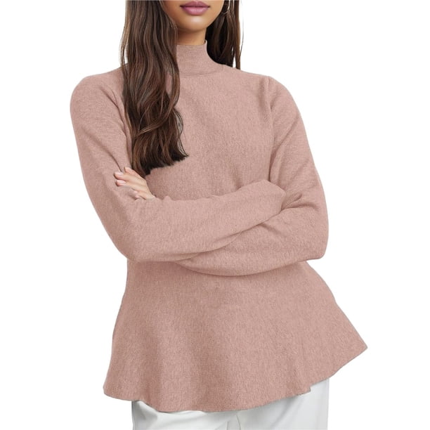 Suéter de Larga con Cuello Alto y Volantes para Mujer, Colección Otoño 2025 Caqui M