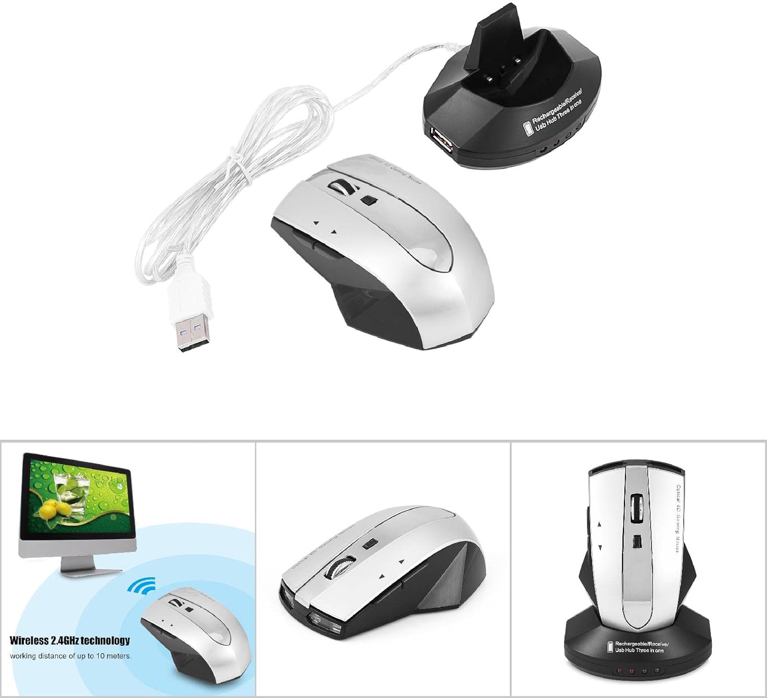 FIGT-Rechargeable Wireless Gaming Mouse with Charging Dock Stand, 2.4G 3 Port USB Hubs Cordless Mice, for PC Laptop (Gray)【0516】