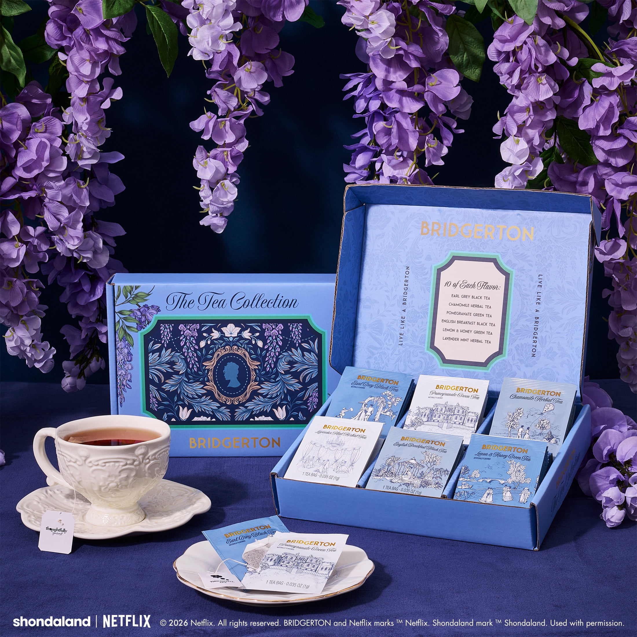 Bridgerton The Tea Collection Officially Licensed Tea Gift Set, 60 Premium Tea Bags with Herbal, Black & Green Tea Blends Bridgerton Inspired Tea Box for Fans and Book Lovers