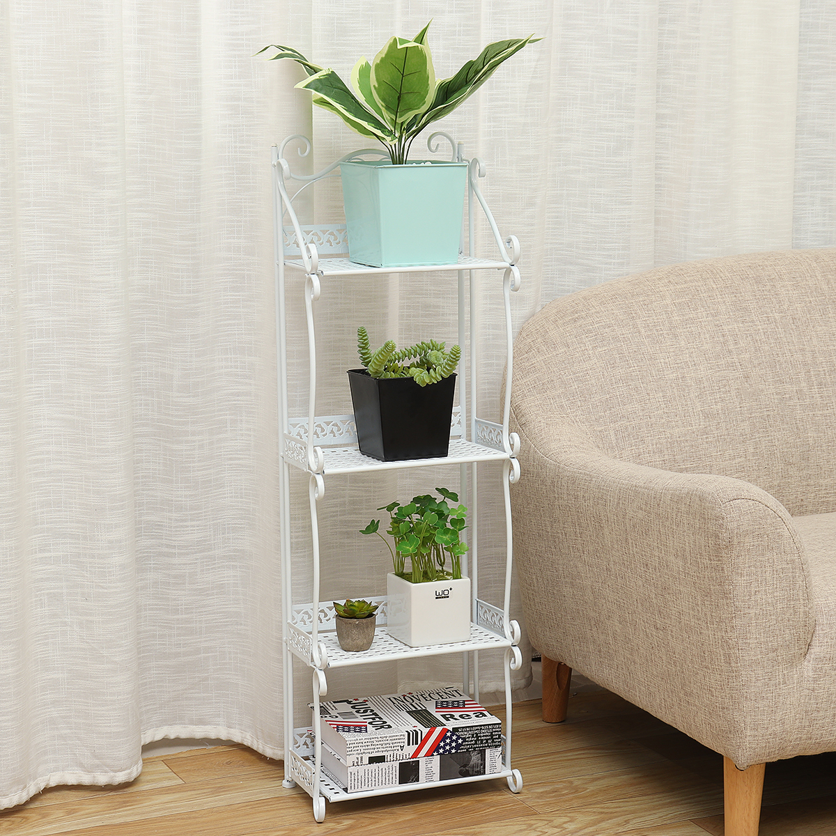 3 Tier Plant Stand, Metal Storage Shelf, Foldable Bookshelf, Shoe Rack