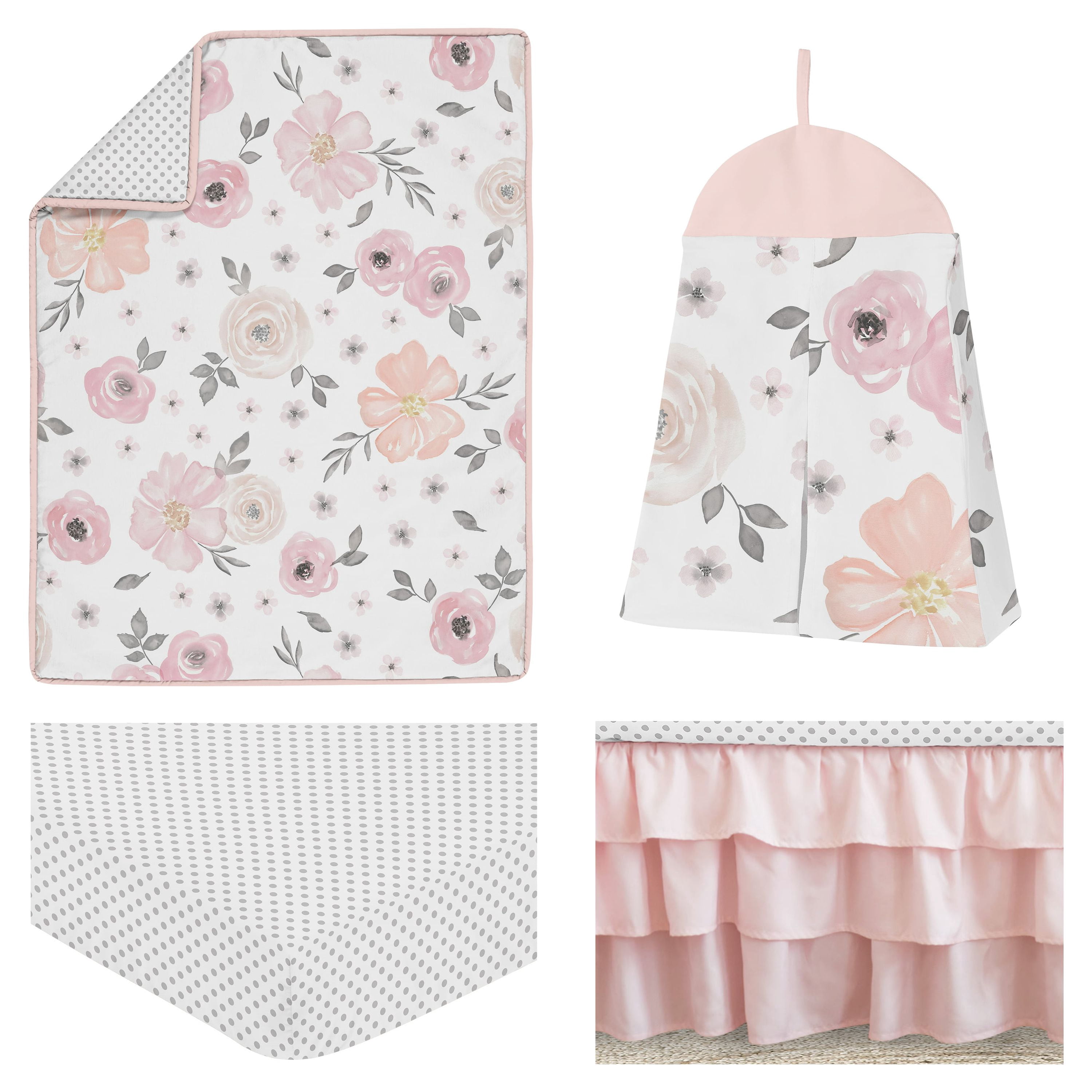 Sweet Jojo Designs Watercolor Floral Pink Grey White 4 Piece Crib Bedding Set