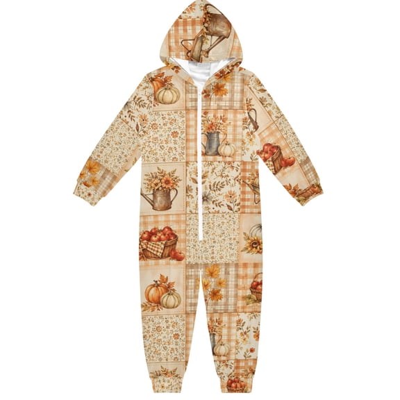 Autumn Pumpkin Checkered Floral s Boys & Girls Hooded One-Piece Pajamas Warm Crystal velvet Hooded Long Sleeve Loungewear Jumpsuit Unisex