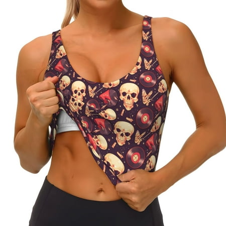 Qokaie cool rock Skull record Pattern Womens Scoop Neck Sports Bra Breathable Workout Vest Padded U Back Medium Impact Fitness Gym Yoga Bra Workout Crop Top
