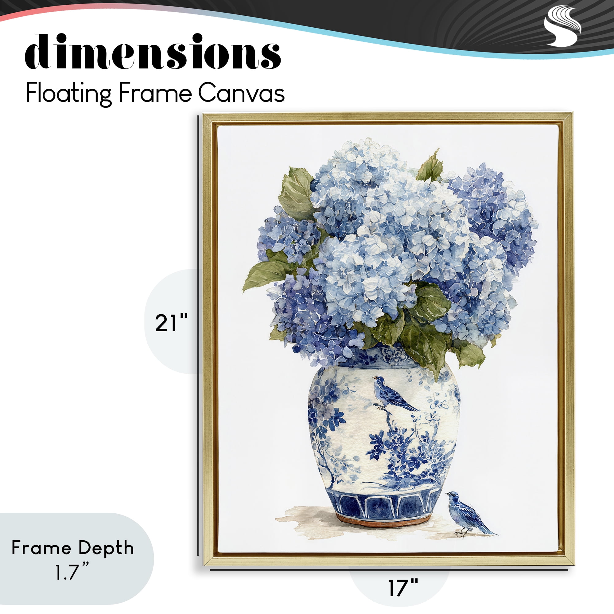 Stupell Industries Blue Bird & Hydrangea Vase Gold Framed Floater Canvas Wall Art, design by Imagine It Images