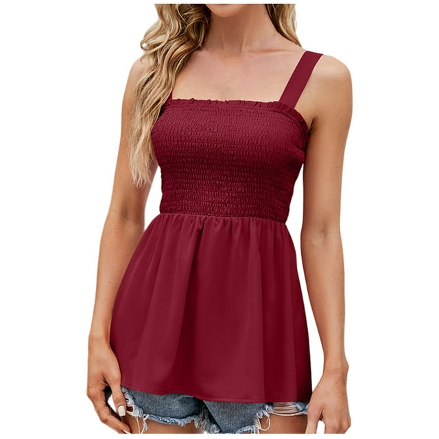 AherBiu Débardeurs pour Femmes Été Col Carré Sans Manches Hauts Smockés Blouses Décontractées Chemises Boho pour Femmes