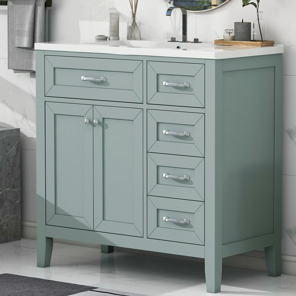 36" Freestanding Green Bathroom Vanity with Ceramic Sink