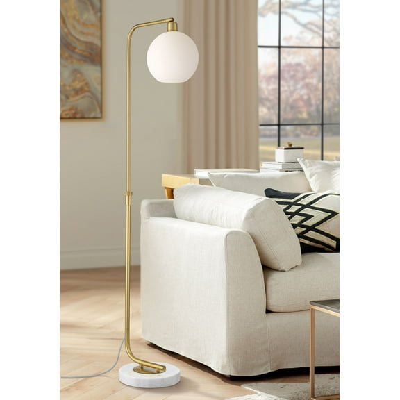 Possini Euro Design Casaba Mid Century Modern Chairside Arc Floor Lamp 64" Tall Warm Gold Adjustable Frosted Glass Shade for Living Room Reading House