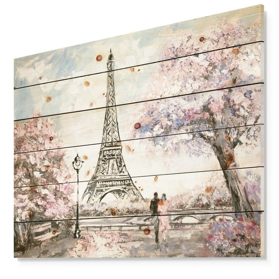 Designart 'Pink Flowers With Eiffel Tower' Landscape Print on Natural Pine Wood