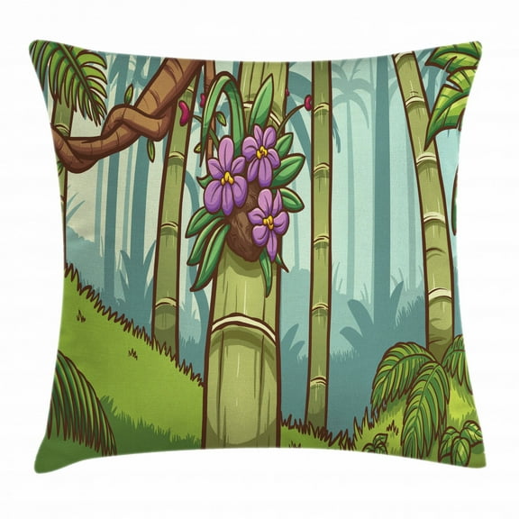 Orchids Throw Pillow Cushion Cover, Rainforest Foliage Fern Monstera Split Leaf Exotic Nature Bloom Design, Decorative Square Accent Pillow Case, 24 X 24 Inches, Olive Green Night Blue, by Ambesonne