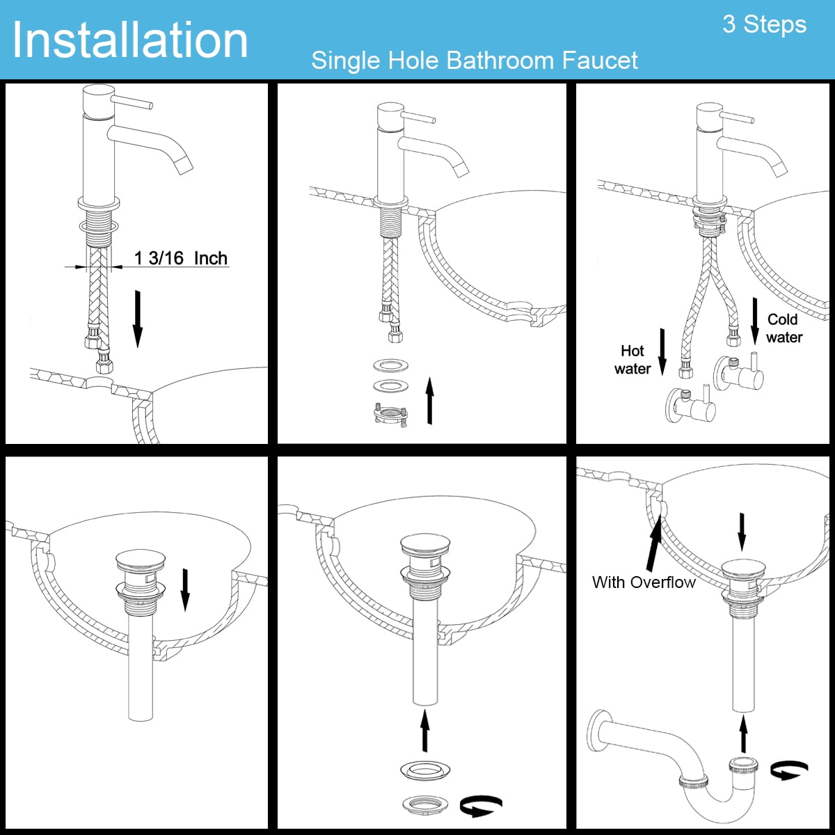 Adorer Single Hole Brass Matte Black Bathroom Faucet with Pop-up Drain Assembly, Copper Single Handle Lavatory Sink Basin Faucets Mixer Taps