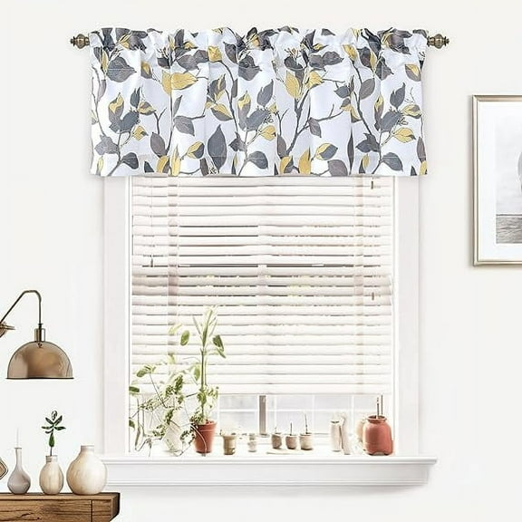 DriftAway Ryan Sketch Flower Floral Branch Leaves Lined Thermal Insulated Window Curtain Valance Rod Pocket 52 Inch by 18 Inch Plus 2 Inch Header Yellow Gray 1 Pack