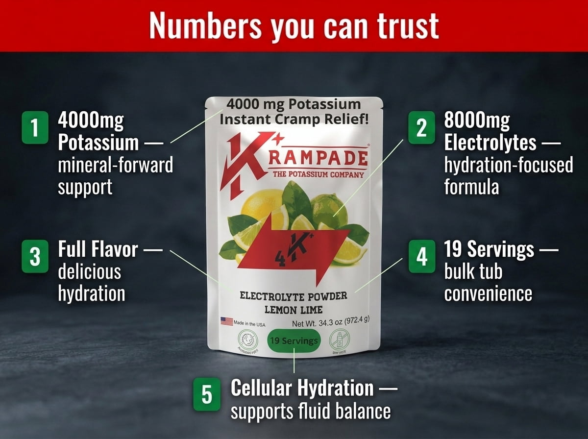 Krampade High Potassium Electrolyte Powder Supplement Lemon Lime Flavor Instant Cramp Relief 19-Serving