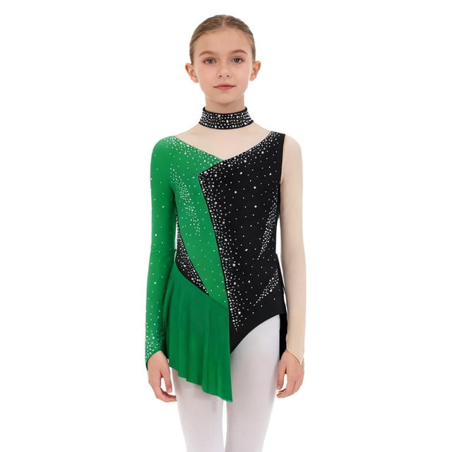 RUNQHUI Robe de Patinage Artistique pour Filles Enfants à Manches Longues avec Strass Justaucorps à Jupe de Gymnastique Tenue de Ballet Vert Foncé 12