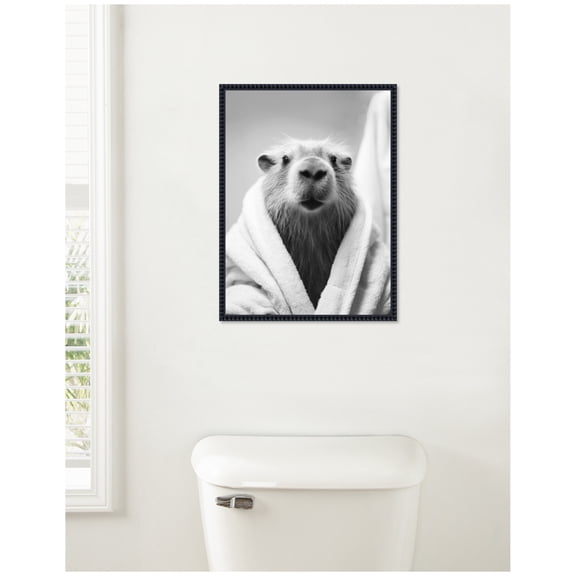 Kate and Laurel Capybara Bathroom Art Towel Robe Black and White Framed Canvas Wall Art by The Creative Bunch Studio 18 x 24 Sylvie Beaded Black, Black & White, Animals, Bathroom Art for Wall Decor,