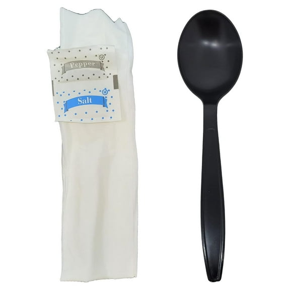 500 Kits Disposable Plastic Soup Spoon with Napkin and Salt/pepper packet, individually Wrapped, To-go (Soup Spoon)