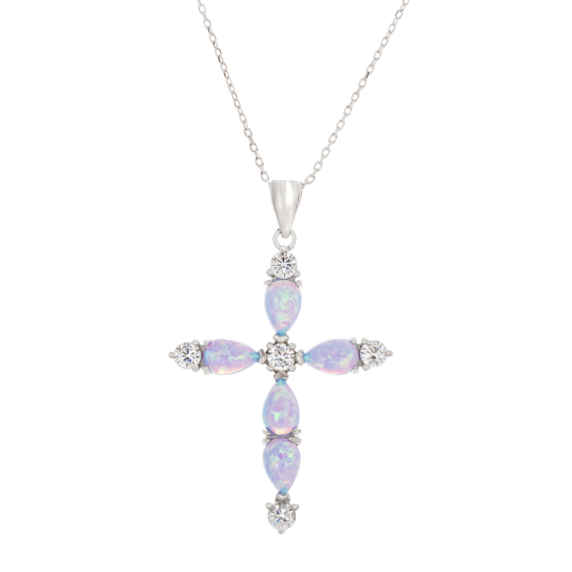 Lesa Michele Lab Created Blue Opal Teardrop Shape and Cubic Zirconia Border Cross 18' Chain Necklace in Rhodium Plated Sterling Silver for Women