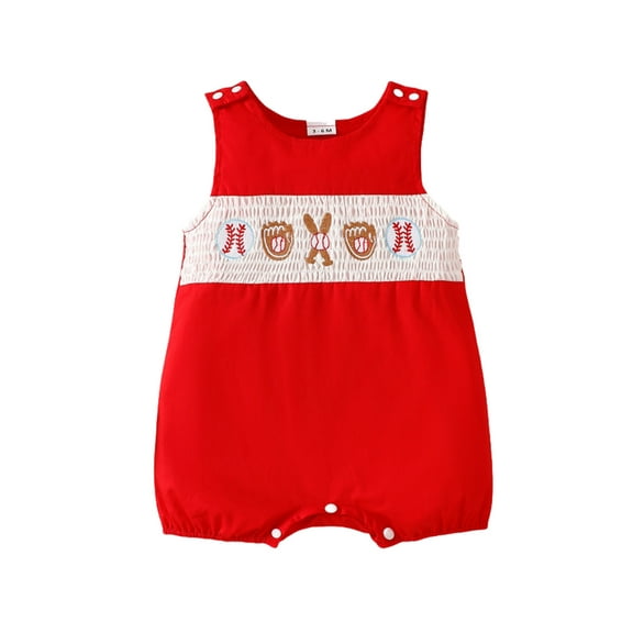 REDARER Baseball Embroidered Romper, Sleeveless Red Smocked Bodysuit for Boys & Girls Summer Outfit,3-6 Months