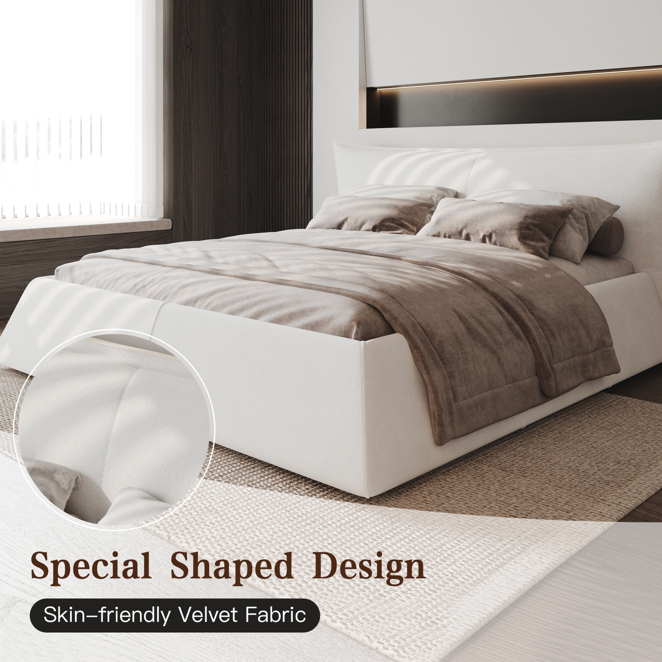 Noble House Sheila King Size Velvet Platform Bed Frame, Unique Shaped Headboard and Solid Wood Frame, Beige