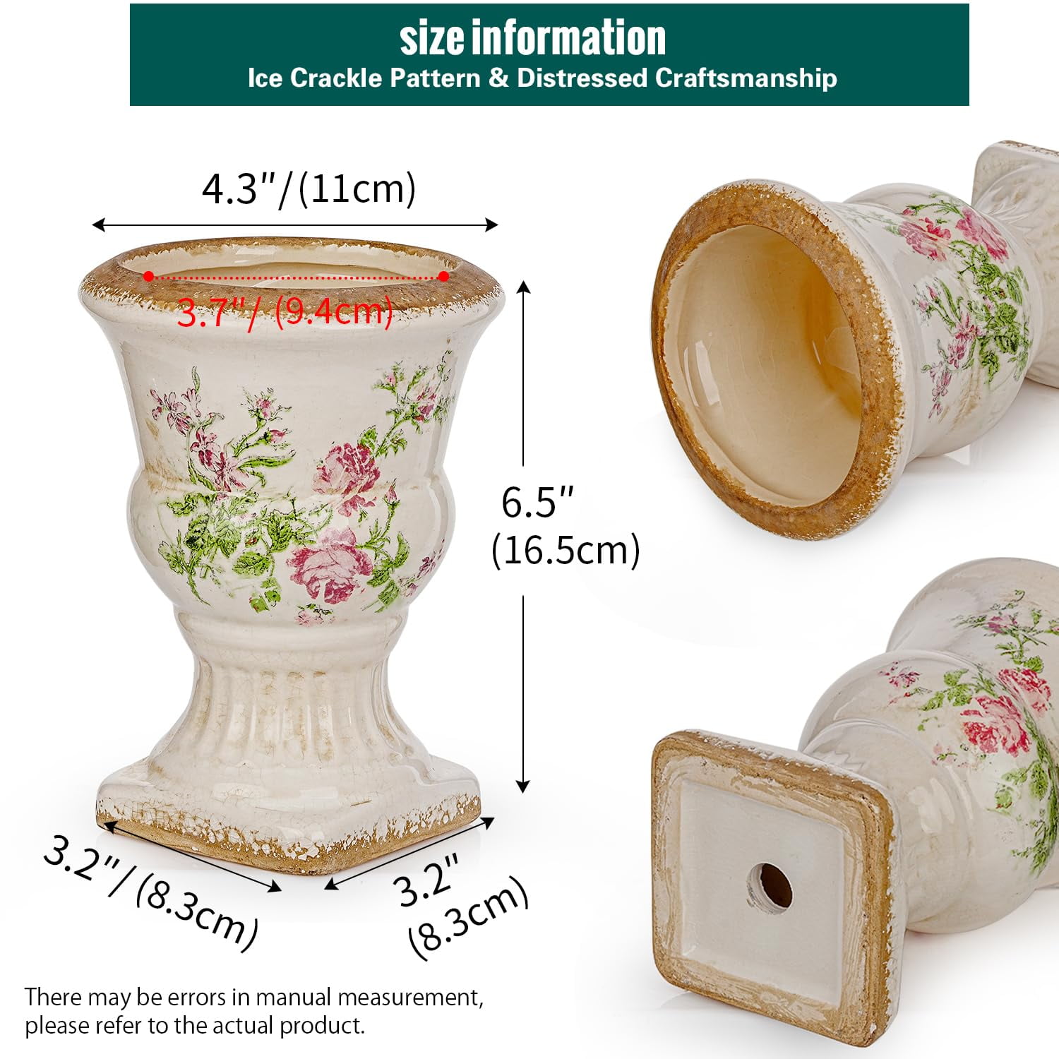 Sungmor Small Ceramic Urn Planter - Pink Scroll Floral Pedestal Flower Pot, Decorative Vintage Chinoiserie Style Planters, Tuscan Accent Vase Indoor Outdoor Plant Holder with Drainage