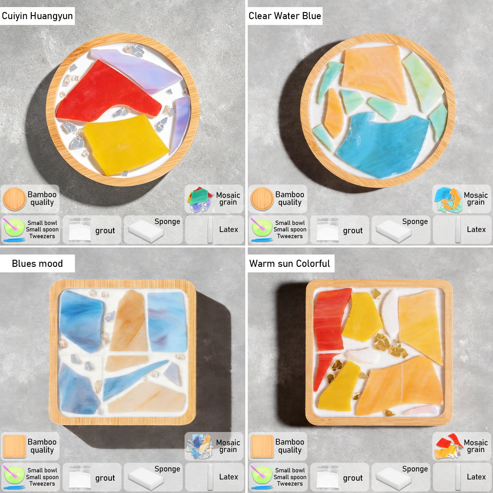 Austok 4 Pcs DIY Mosaic Kit for Adult Glass Tile for Craft with Bamboo Cup Pad for Women Mixed Color Mosaic Art Craft Cup Mat Project Handmade Making Kit Set for Home Decor Present