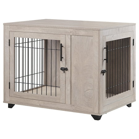UPC: 0810107760048 | Unipaws Furniture Style Dog Crate  Wooden Wire Pet Kennels with Double Doors  Large Dog House Indoor Use  Weathered Gray