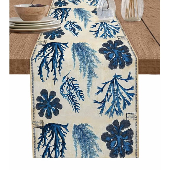 Blue Vintage Coastal Table Runner 60 Inches, Retro Summer Botanical Coral Bed Runner Dresser Scarves Tabletop for Indoor Outdoor Parties/Ceremony/Banquet, 13" x 60"