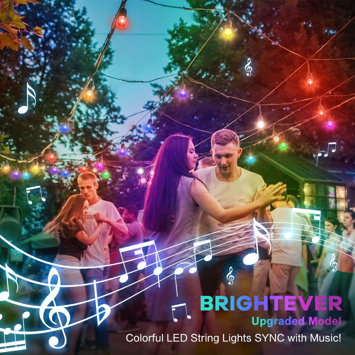 YI Lighting - 48ft Outdoor String Lights with 15pcs S14 RGBW Music-Synced Color Changing Bulbs Remote Control for Patio Yard Garden Party