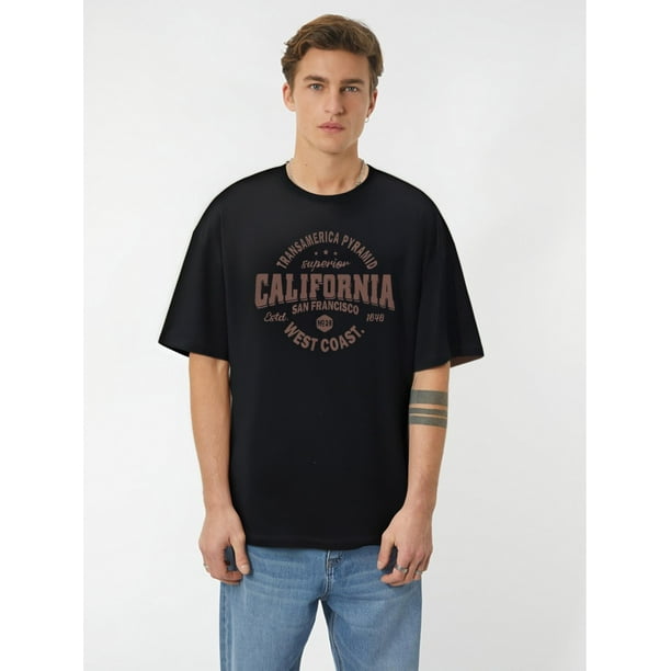 Men'S Casual Crew Neck T-Shirt with California Lettering, Slight Stretch, Summer Short-Sleeve Tee, Fashionable Print Design, Regular Fit - 180gsm