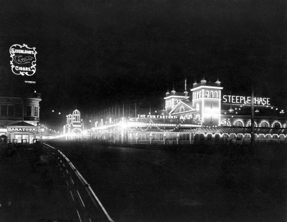 Atlantic City: Boardwalk. /Na View Of The Boardwalk At Night, With Lights On All The Buildings ...