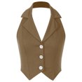 thumbnail image 3 of YIZYIF Womens Halter V Neck Dressy Vest Lapel Button Down Waistcoat Formal Tuxedo Pointed Hem Vest Khaki S, 3 of 7