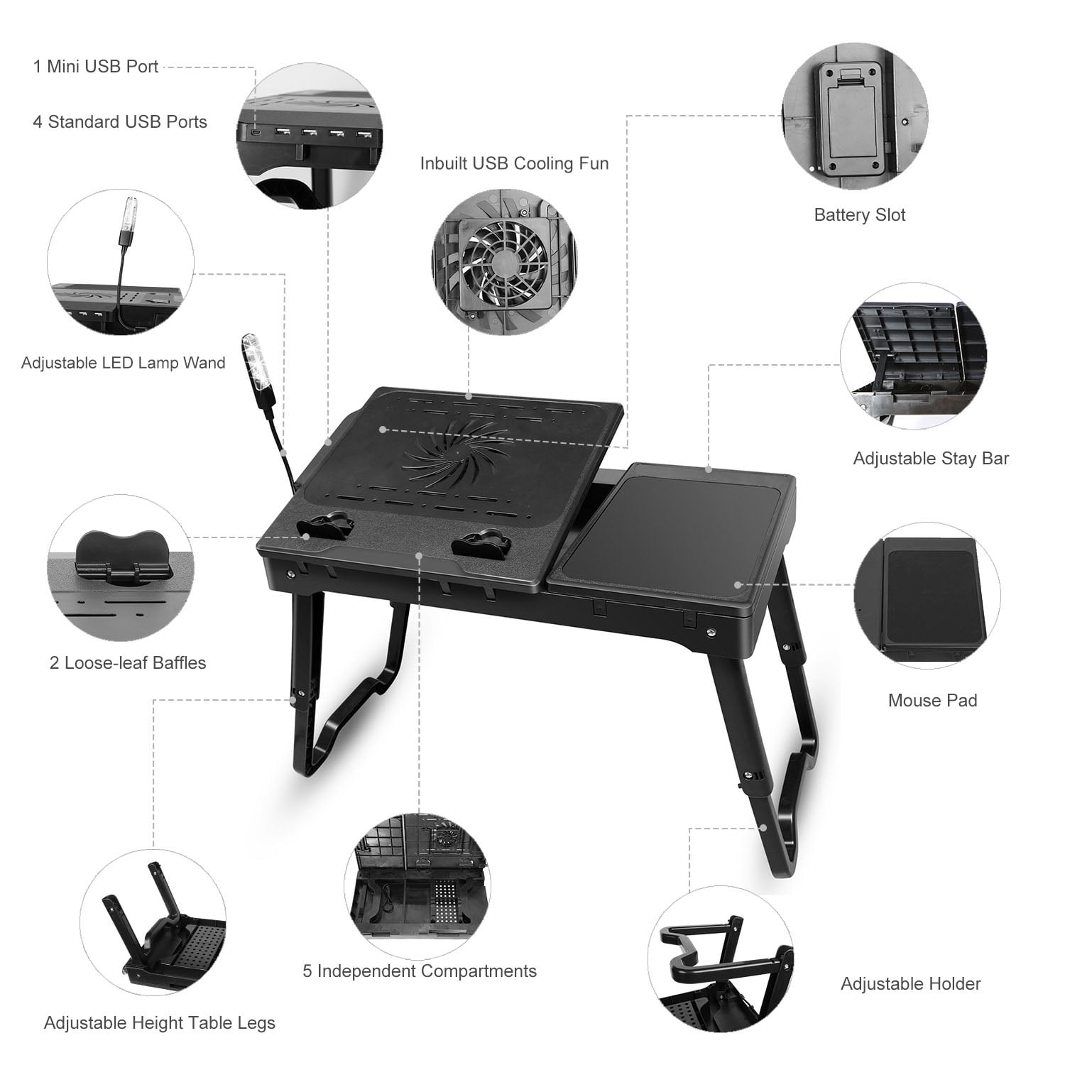 21” L x 12” W x 10” H Multi-Functional Laptop Desk for Bed Adjustable Laptop Table with Internal Cooling Fan and Built-in LED Light 