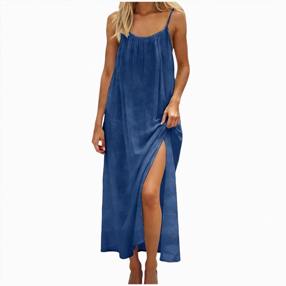 Yindaity Backless Maxi Dress Women's Sleeveless Backless Maxi Dress - Plus Size, Ankle Length, Party Dress(Blue,S)