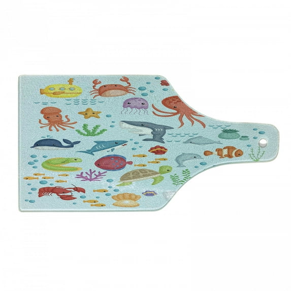 Marine Cutting Board, Bunch of Sea Animals Submarine Crabs Squid Lobster Octobus Seaweed Starfish Stingray, Tempered Glass Cutting and Serving Board, Wine Bottle Shape, Multicolor, by Ambesonne