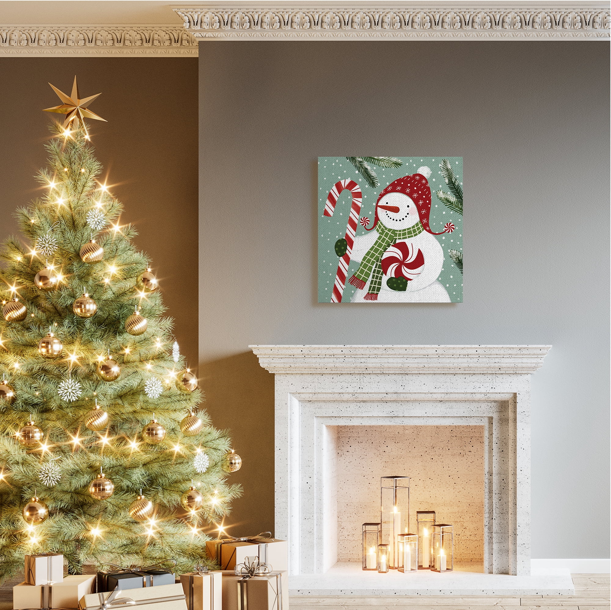 Stupell Industries Peppermint Candy Snowman Green Winter Forest Holiday Painting Gallery Wrapped Canvas Art Print Wall Art, 36 x 36