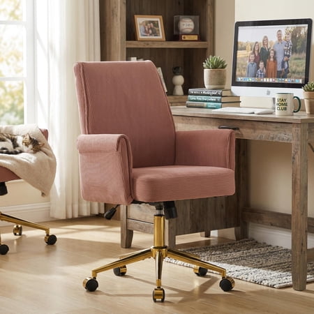 Homy Casa Upholstered Office Chair with Wheels, Adjustable Swivel Vanity Chair for Home Office