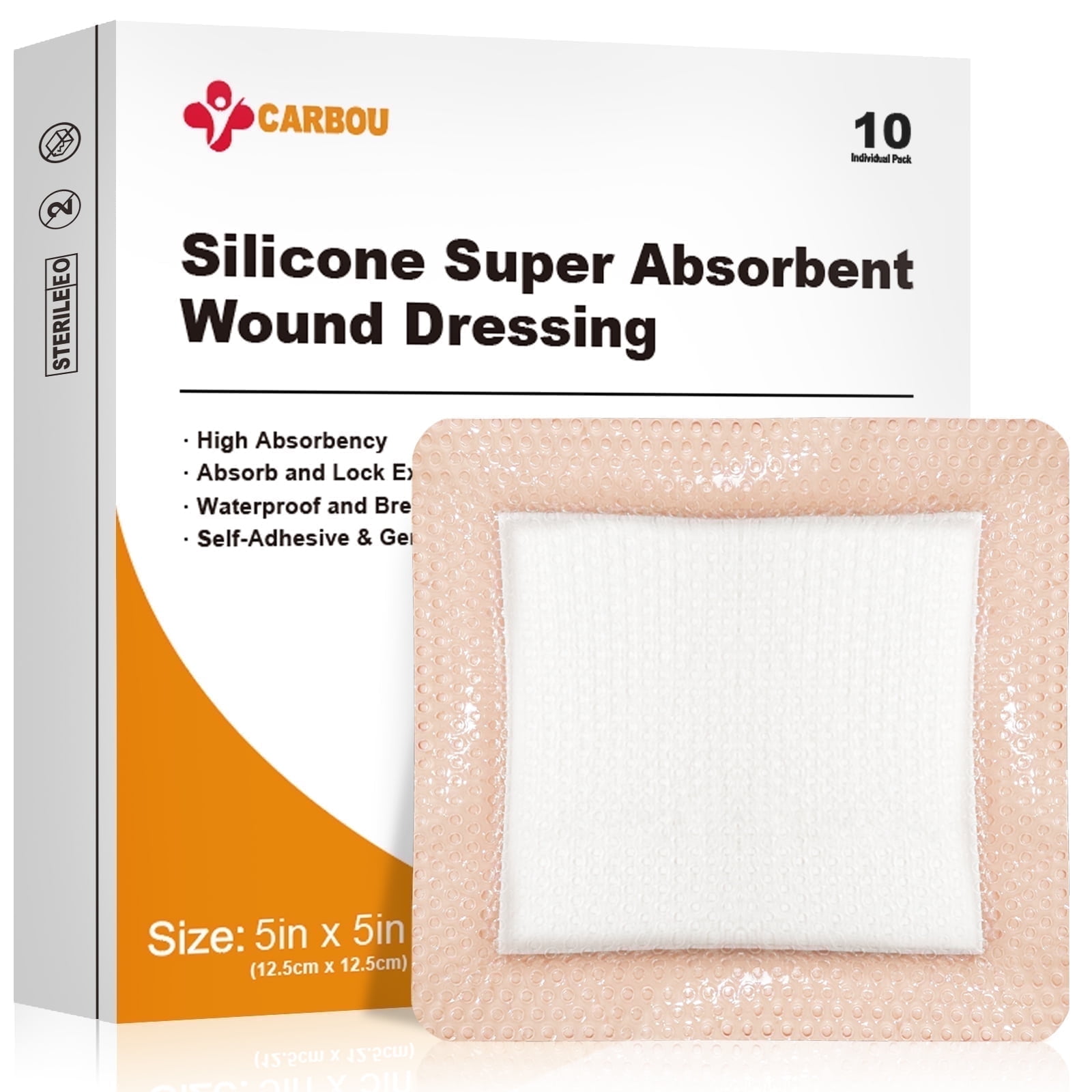 Carbou 5"x 5" silicone Super Absorbent Wound Dressing Pads, 10pcs Self- adhesive Absorbent Bandages for Wound Care