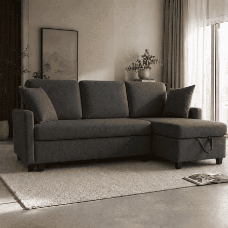 BINBANK Sectional Futon Sofa Bed, Pull Out Sleeper Couch with Storage Chaise & USB, Gray